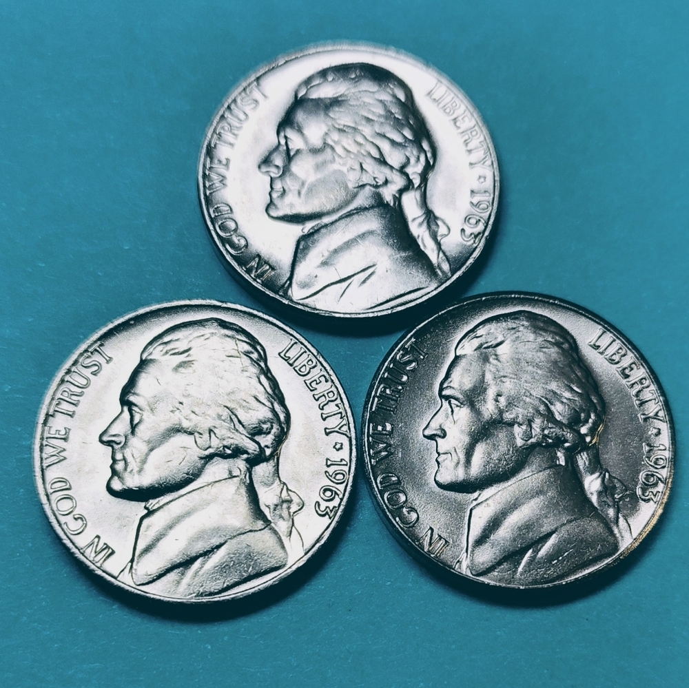 1963-P Uncirculated Jefferson Nickel, Set Of 3 From Us Mint Roll. #0424